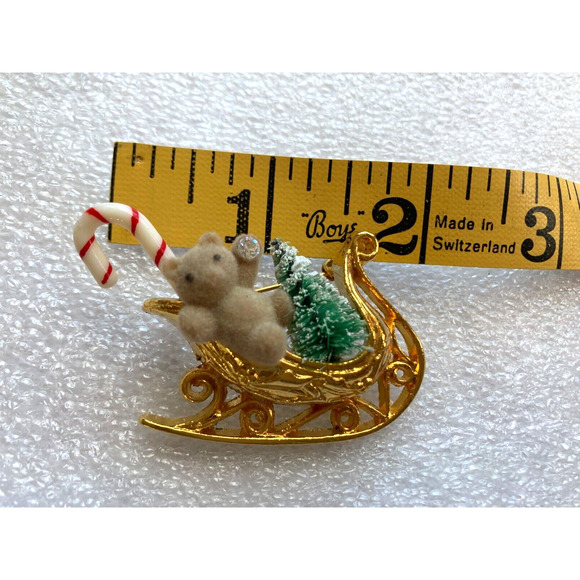 Vintage Christmas Sleigh Ride Brooch Pin Bottle Brush Tree Candy Cane Teddy Bear - Picture 2 of 4